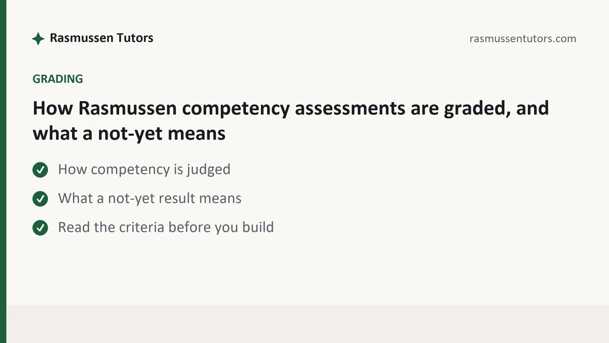 How Rasmussen competency assessments are graded, and what a not-yet means, a Rasmussen student guide, from Rasmussen Tutors