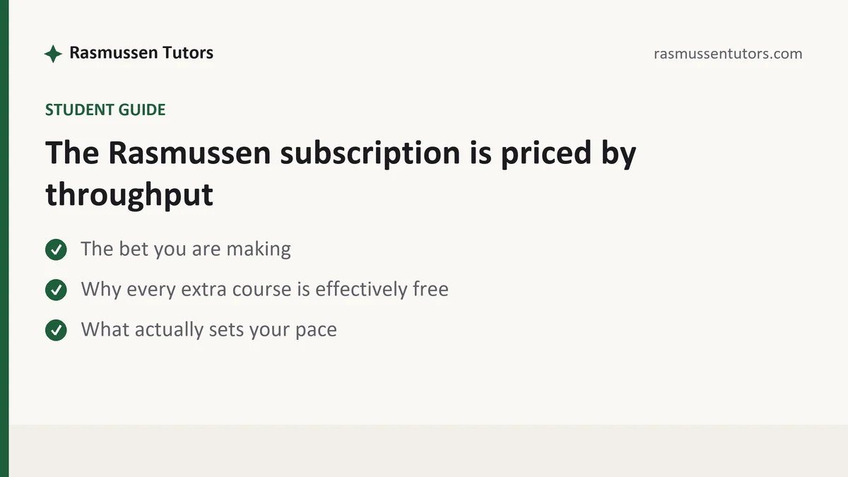 The Rasmussen subscription is priced by throughput, a Rasmussen student guide, from Rasmussen Tutors