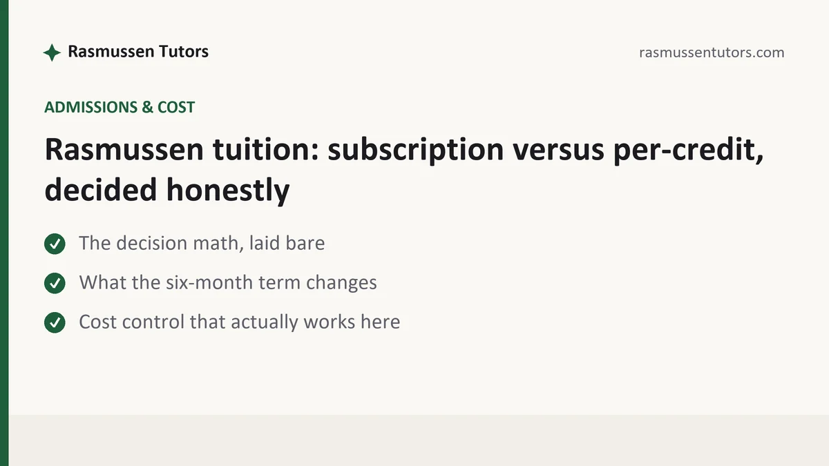 Rasmussen tuition: subscription versus per-credit, decided honestly, a Rasmussen student guide, from Rasmussen Tutors
