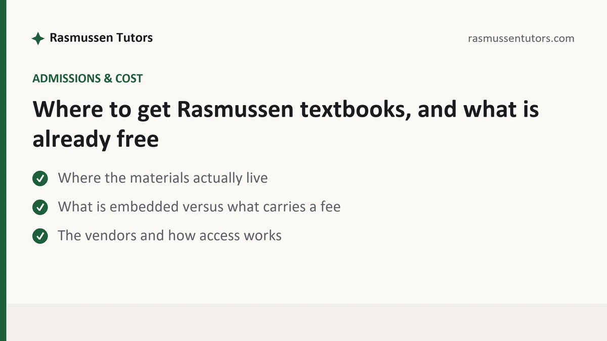 Where to get Rasmussen textbooks, and what is already free, a Rasmussen student guide, from Rasmussen Tutors